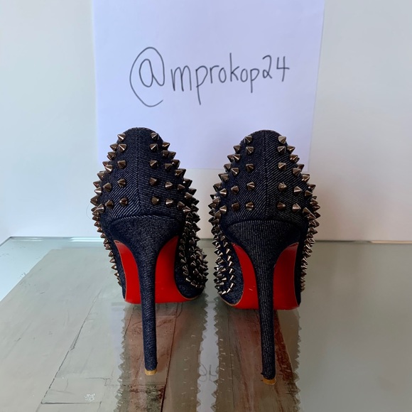 Christian Louboutin Blue Follies Spike Denim Pumps - Picture 4 of 5